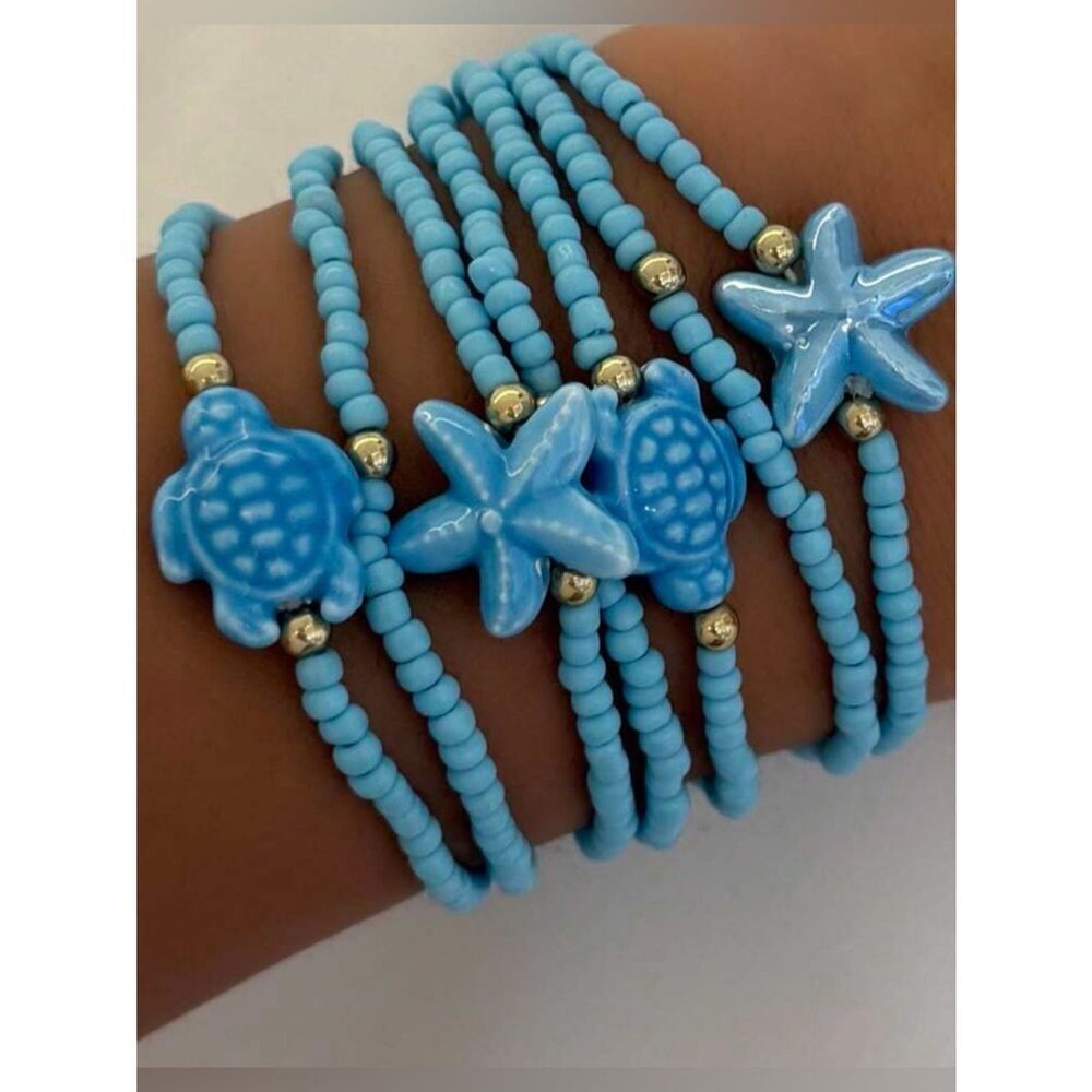 Blue Beaded Sea Charm Bracelet Set A1914